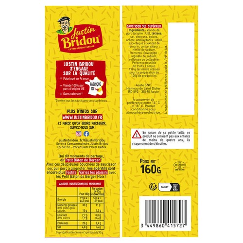 Justin Bridou Saucisson Petits Bâton Berger Nature Apéritif 160g