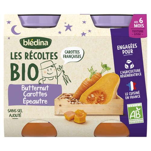 Blédina Les Récoltes Pot Butternut Carottes Epeautre dès 6 mois Bio 2x200g