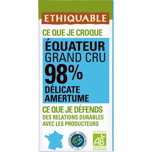 Ethiquable Chocolat 98% Equateur Bio 100g