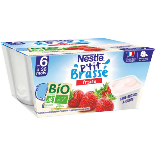 Nestlé P’tit Brassé Fraise dessert pour Bébé dès 6 Mois bio 4x90g