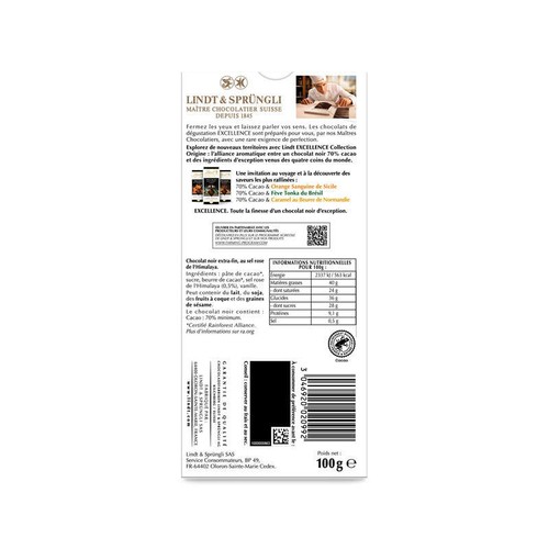 Lindt Excellence Tablette Chocolat Noir Intense 70% Sel Rose De L’Himalaya 100g
