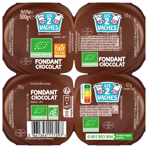 Les 2 Vaches Dessert Chocolat Bio 4x125g