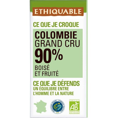Ethiquable Chocolat Noir 90% Bio Origine Colombie