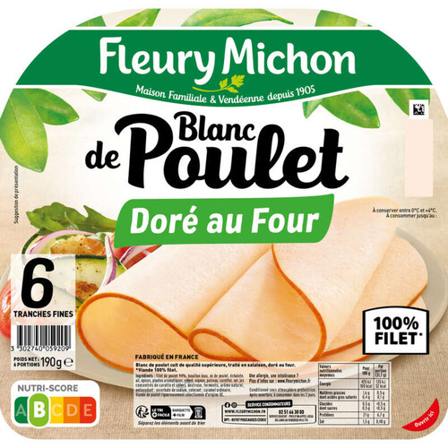 Fleury Michon Tranche Fines Blanc De Poulet Doré Au Four 190 g