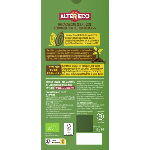 Alter Eco Chocolat Noir Du Pérou Aux Éclats D'Amandes, Bio 100g