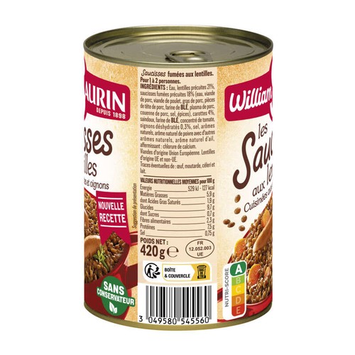 William Saurin Saucisses aux lentilles 420g