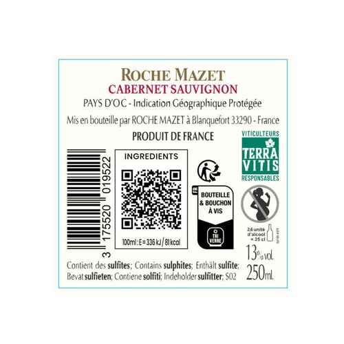 Roche Mazet Cabernet Sauvignon, Vin Rouge De Pays D'Oc, Cuvée Spéciale, 12,5% Vol. 25cl