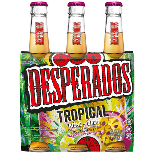 Desperados Tropical - Bière aromatisée au spiritueux Rhum, Fruit de la passion, Citron vert 3x33 cl - 5,90
