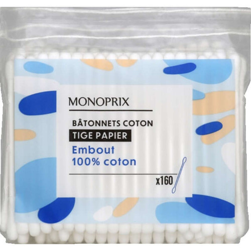 Monoprix Bâtonnets Coton Tige Papier Embout 100% Coton x160