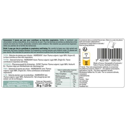 Les 2 Marmottes Infusion Au Thym 30 Sachets 35g