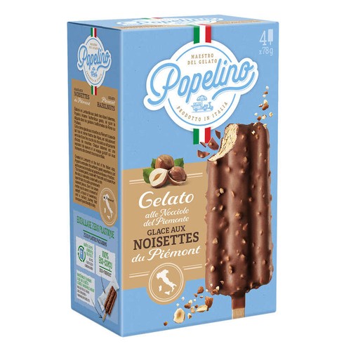 Popelino Bâtonnet noisette du Piémont enrobage chocolat noisette 4x78g