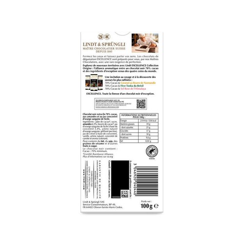 Lindt Excellence Chocolat Noir 70% Orange Sanguine de Sicile 100g