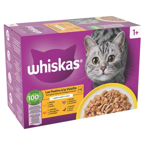 Whiskas Sachets Fraîcheur Festins À La Volaille En Gelée Pour Chat Adulte 12x85g