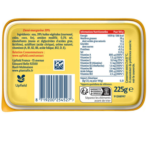 Planta Fin Léger Margarine Sans Huile de Palme 100% végétal 225g