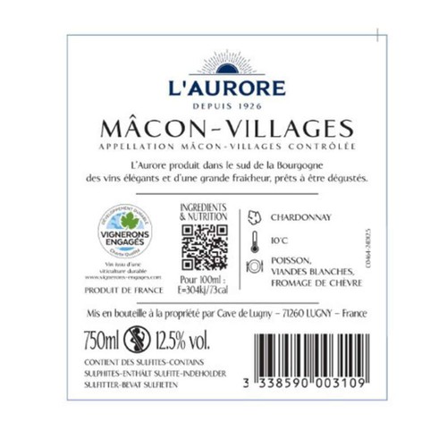 L'Aurore Mâcon Villages Vin Blanc AOP 75cl