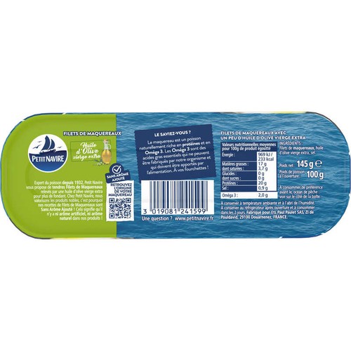 Petit Navire Filets de Maquereaux sans peau huile olive 145g