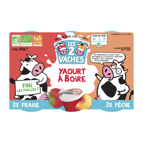 Les 2 vaches Yaourt à boire aux fruits bio 6x100g