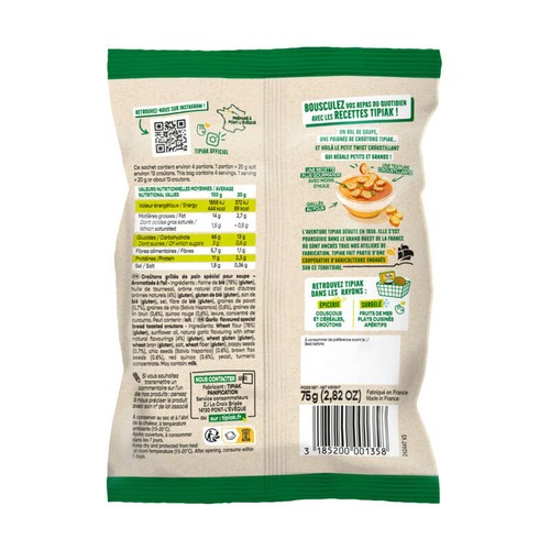 Tipiak Croûtons de Pain Croustillants Ail 75g