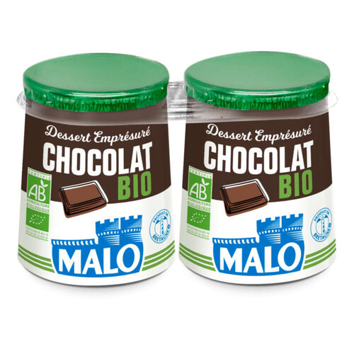 Malo Lait pasteurisé emprésuré sucré au chocolat Bio 2x125g