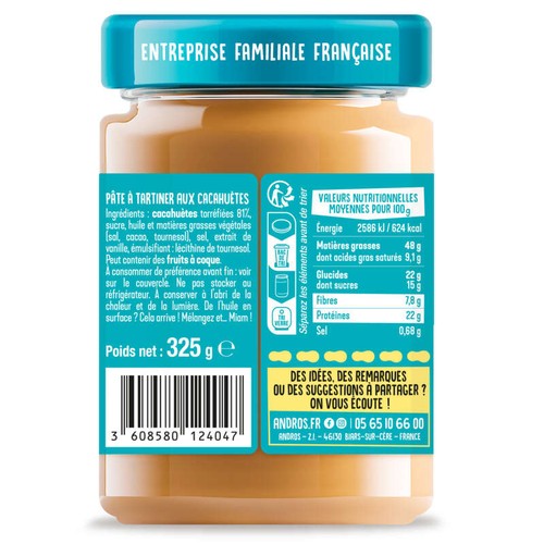 Andros Pâtes à Tartiner Cacahuètes Crémeuse 325g