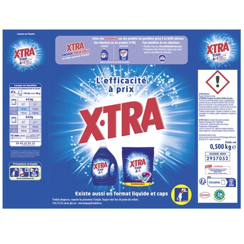 X-Tra Lessive Poudre Total Blanc Et Couleurs 10 Lavages 500g