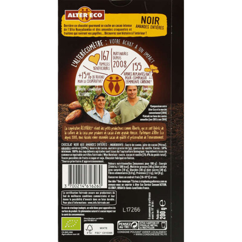 Alter Eco Chocolat Noir Amandes Entieres Bio 200g