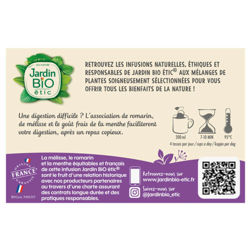 Jardin Bio Etic Infusion Digestion Mélisse Romarin Menthe Bio Sachetx20 30G