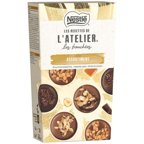 Nestlé L’Atelier Les Bouchées Assortiment Éclats de noisettes, caramel salé & fèves de cacao 271g