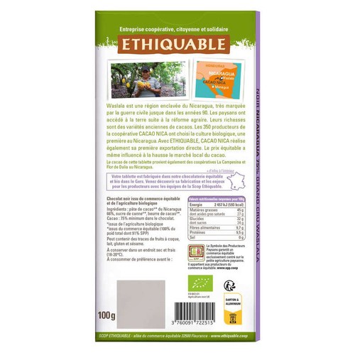 Ethiquable Chocolat Noir 75% Nicaragua Bio 100g