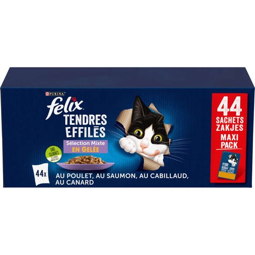 Purina Felix Tendres Effilés en gelée à la viande et poissons Maxi Pack 44x84g