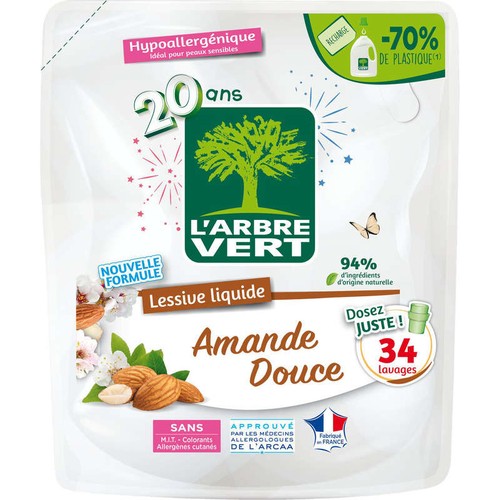 L'Arbre Vert Recharge Lessive Amande Douce Hypoallergénique 1,53L
