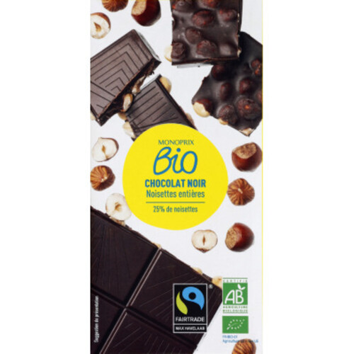 Monoprix Bio Chocolat Noir Aux Noisettes Entières 25%, Max Havelaar 200G