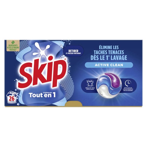 Skip Lessive capsule 3 en 1 active clean x26