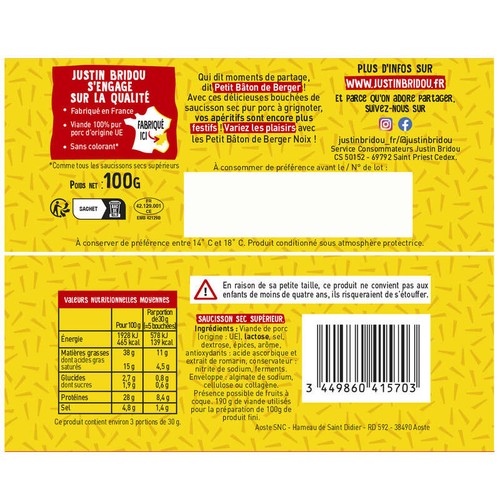 Justin Bridou Saucisson Petits Bâton De Berger Nature 100g