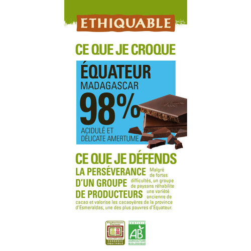 Ethiquable Chocolat 98% Equateur Bio 100G