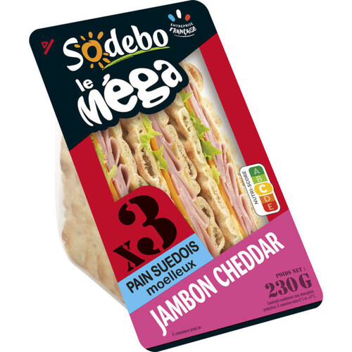 Sodebo Sandwich Méga club suédois jambon cheddar 230g