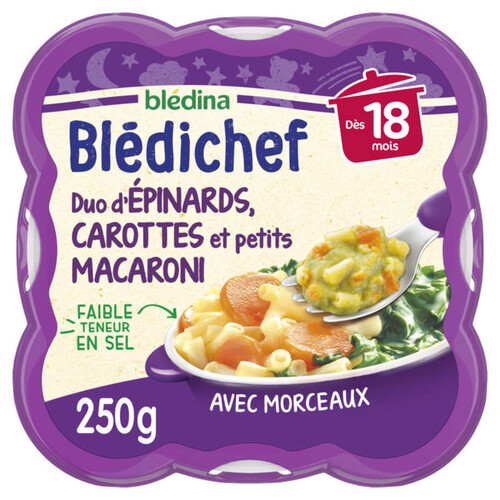 Blédina Duo d'Épinards, Carottes et Petits Macaroni, dès 18 Mois 250g