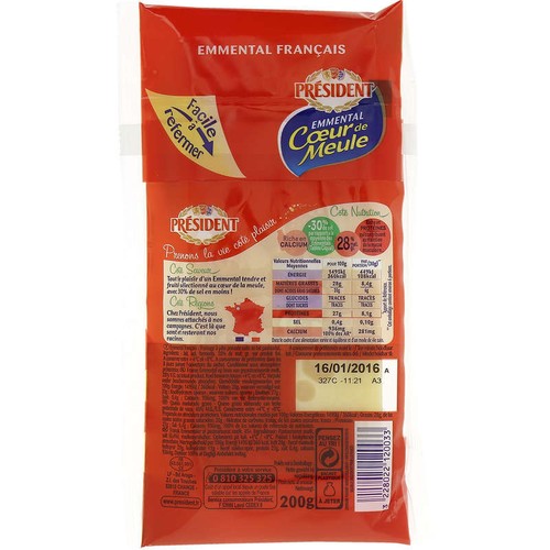 Président Emmental Cœur De Meule Portion -30% De Sel 200g