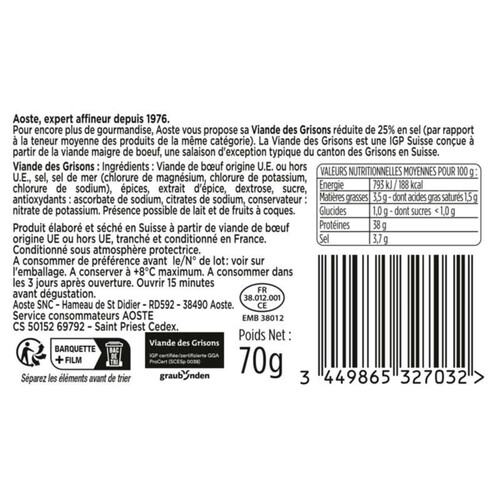 Aoste Viande De Grisons -25% De Sel X10 70G