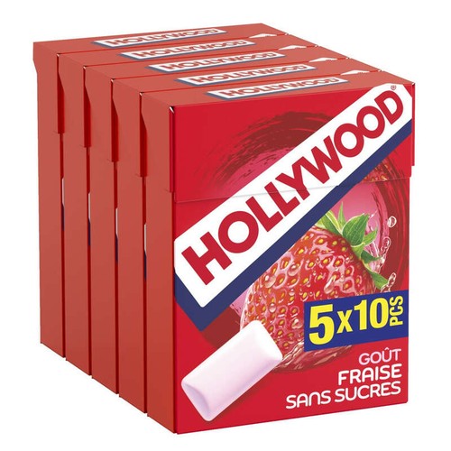 Hollywood Chewing-gum sans sucres avec édulcorants - Parfum fraise 5x14g