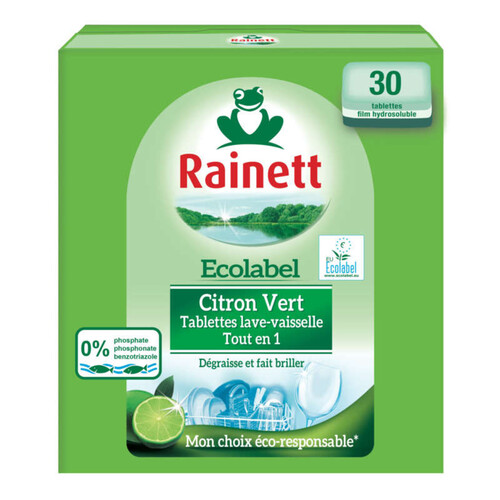 Rainett Tablettes machine Ecolabel Lave-vaisselle Tout-en-1 Citron vert x30..