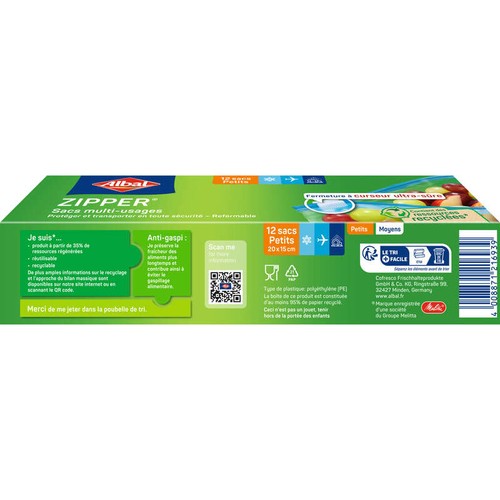 Albal Sacs multi-usages Zipper Fermeture à curseur Petit Modèle 12x1L