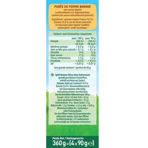 Pom'Potes Sans Sucres Ajoutés Pomme Banane 4x90g