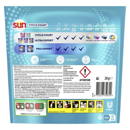 Sun Cycle Court Pastilles Lave-vaisselle Tout en 1 anti odeur 22 Lavages