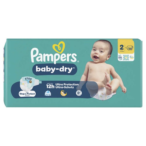 Pampers Baby-Dry Taille 2, 4kg-8kg, 58 Couches