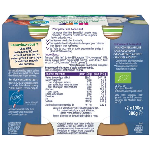 [Par Naturalia] Hipp Biologique Plat Petites Penne Tomates Courgettes dès 6 mois 2x190g
