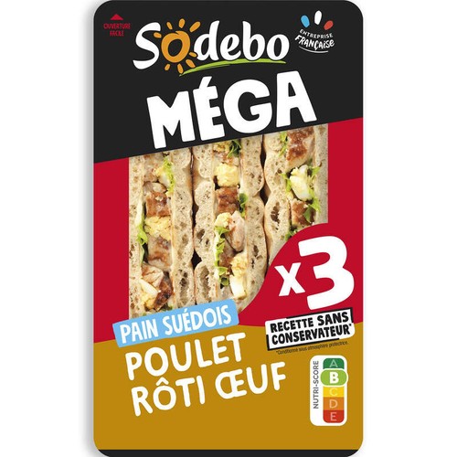 Sodebo Sandwich Méga club suédois poulet rôti œuf 230g