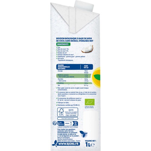 Bjorg Boisson Coco Sans Sucres Bio 1L
