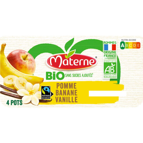 Materne Bio Compote Pomme Banane Vanille sans Sucres ajoutés Bio 4x100g
