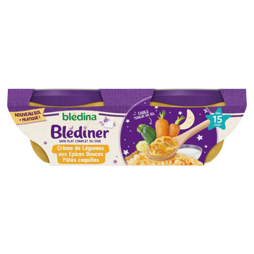 Blédina Blediner Crème de Légumes Aux Epices Douces Et Pâtes Coquilles Dès 15 Mois 2X200g